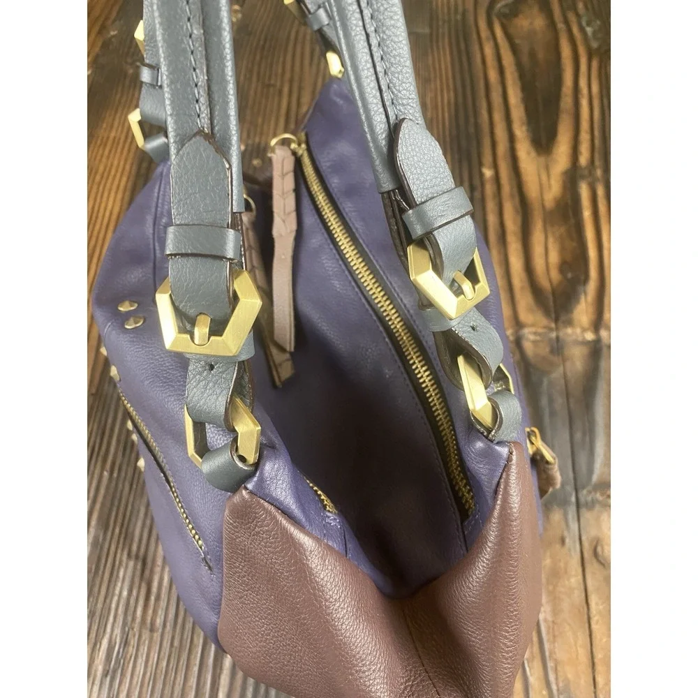 OrYani Pebbled Leather Double Zip Purse Color Block Purple,Teal & Burgandy